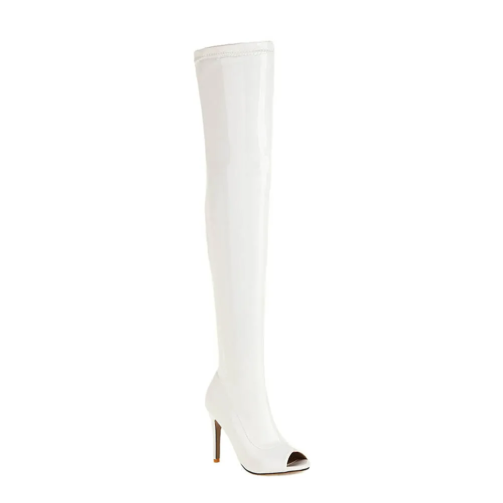 Women's White Patent Open Toe Dance Boots