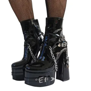 Zip Metal Chains Rivet Motorcycle Boots Women Shoes Super High Heels Platform Ankle Boots Punk Rock Gothic Biker Boots