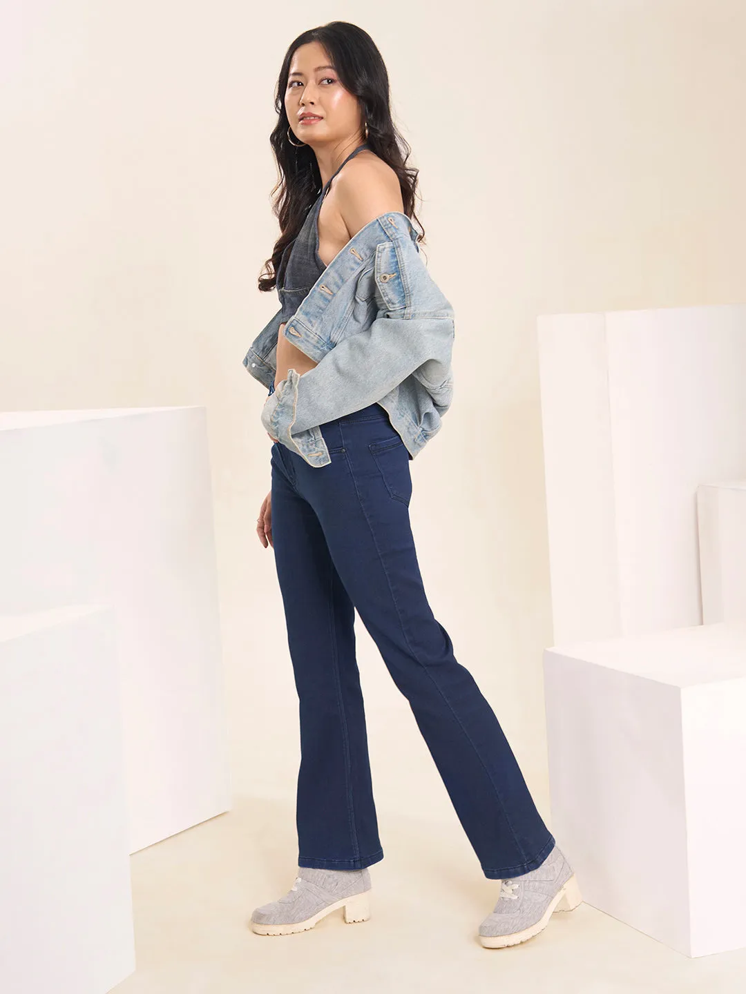ZOLA Exclusive Denim Clean Look Stretchable Frayed Hems Dx Blue Boot Cut Jeans For Women