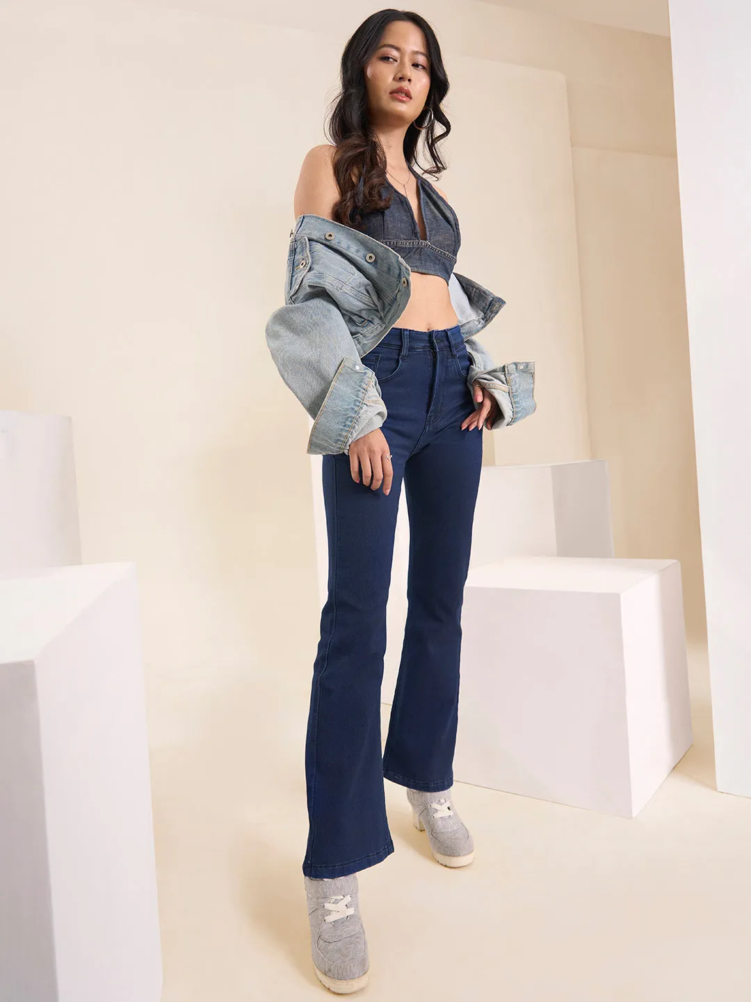 ZOLA Exclusive Denim Clean Look Stretchable Frayed Hems Dx Blue Boot Cut Jeans For Women